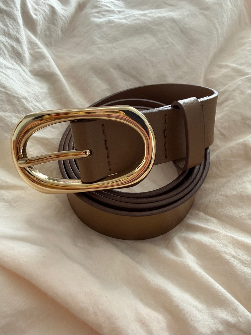 H&M Brown Split Leather Belt with Gold Oval Buckle